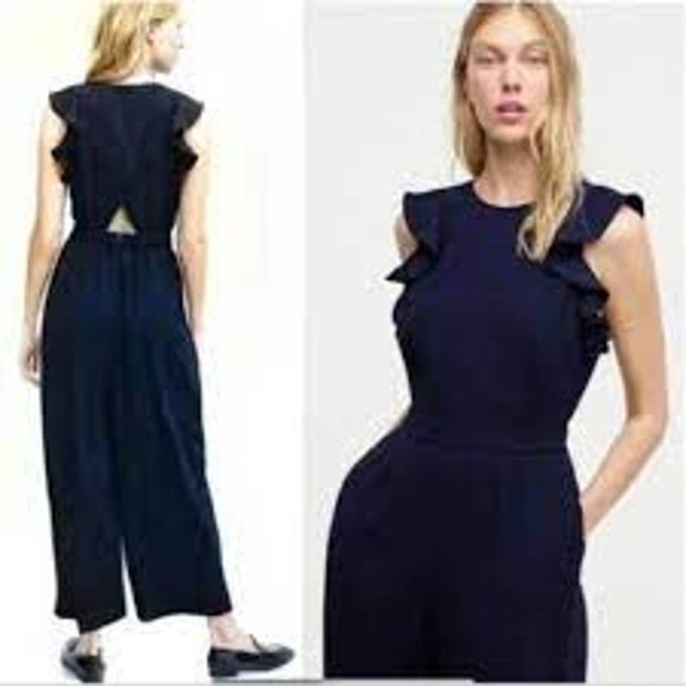 J.Crew Women's Navy Blue Ruffle Shoulder Playsuit. Size 6